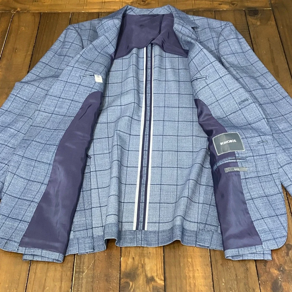 Bonobos Jetsetter Slim Fit 42R Blue Windowpane Plaid Stretch Wool Blazer